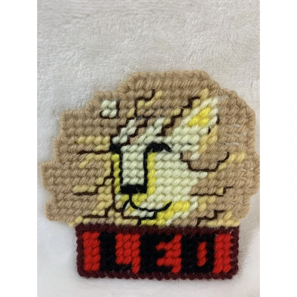 Vintage Leo Horoscope‎ Sign Lion Handmade Needlepoint Plastic Canvas Magnet OOAK